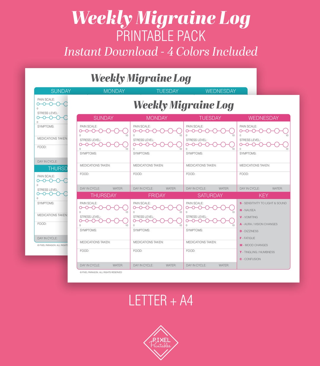 Weekly Migraine Log Printable Instant Download Letter A4 Size ...