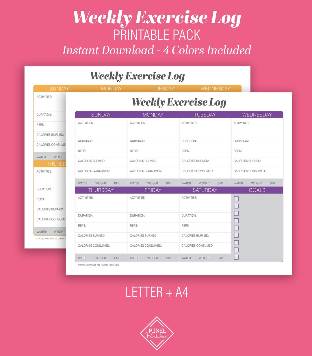 Weekly Exercise Log Printable Instant Download Letter A4 Size ...