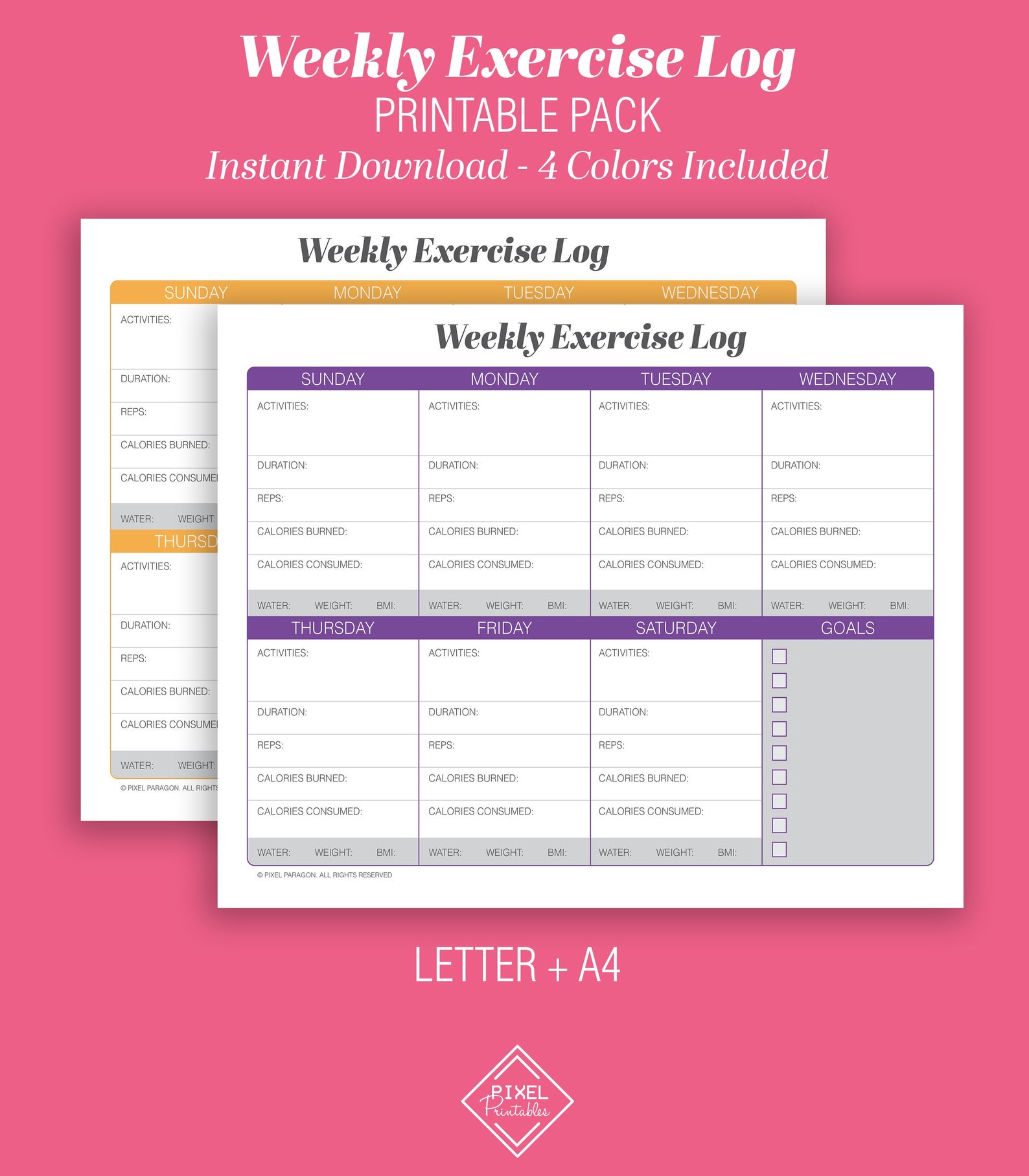 Weekly Exercise Log | Printable Instant Download | Minimalist Design ...