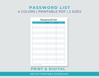 Digital Password List | Printable Instant Download | Letter A4 Size | Organization | Organized Office
