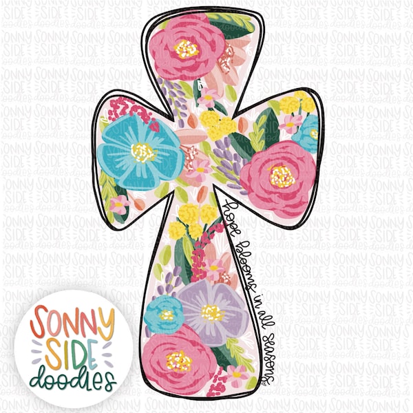 Floral Cross Sublimation Design | Christian | Hand Drawn | PNG Digital Download | Bloom PNG design | Shirt Design | Cross PNG | Bible Verse