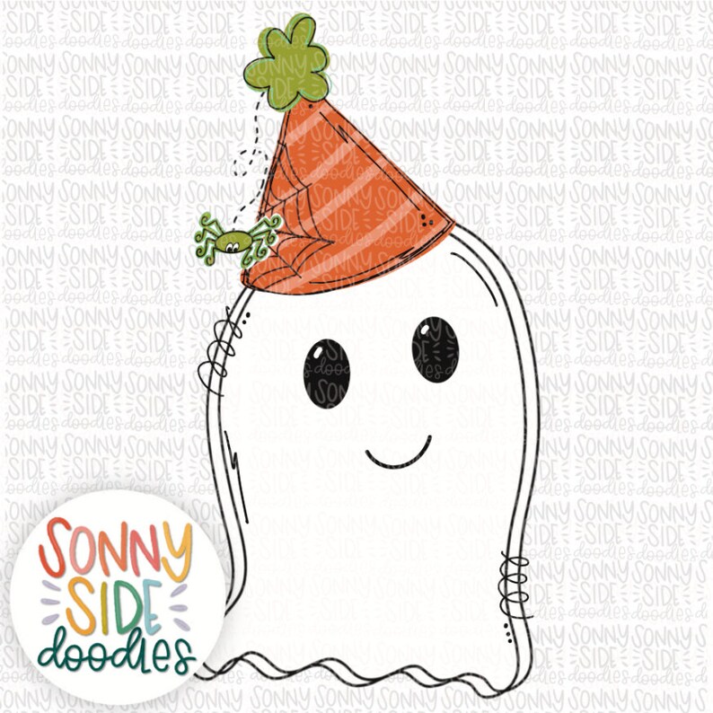 Peut inclure: Illustration d'un fant&ocirc;me de dessin anim&eacute; portant un chapeau de f&ecirc;te orange avec une feuille verte et une petite araign&eacute;e verte. Le fant&ocirc;me a un visage souriant avec des yeux noirs et une bouche incurv&eacute;e. Le texte "SONNY SIDE doodles" est inclus.