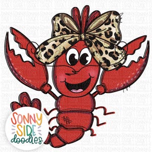 May include: A cartoon illustration of a red crawfish wearing a brown and gold leopard print bow. The crawfish has a big smile and large eyes. The crawfish is holding its claws up in the air.