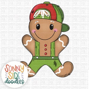 Pode incluir: Um boneco de gengibre de desenho animado usando um boné de beisebol vermelho e verde e macacão verde. O boneco de gengibre tem um rosto sorridente com bochechas rosadas e está sentado. A imagem inclui o texto "SONNY SIDE doodles" em um círculo colorido.