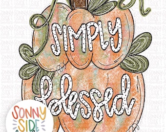 May include: A digital illustration of two pumpkins with a green stem and leaves. The pumpkins are orange and have a watercolor effect. The text "SIMPLY BLESSED" is written in black with white polka dots on the pumpkins.