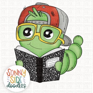 May include: A green worm wearing a red and gray baseball cap and yellow glasses is holding a black and white composition notebook. The worm is smiling and has large, round eyes. The notebook has a blank label on the cover.