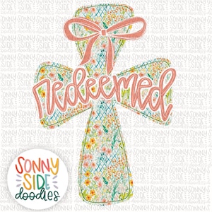 May include: A floral cross with a pink bow and the word "redeemed" in pink lettering. The cross is surrounded by a white background with the text "Sonny Side doodles" in a circle.