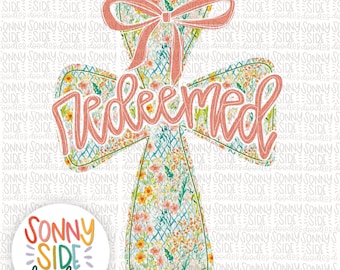 Bright Floral Coquette Glitter Stitch Cross PNG| christian Sublimation File |redeemed Easter Shirt Design| Hand Drawn | Digital Download PNG