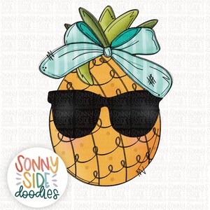 May include: A cartoon pineapple wearing sunglasses and a blue and green bow. The pineapple is yellow with a brown outline and a textured surface. The text "SONNY SIDE doodles" is in a circle below the pineapple.