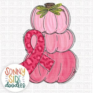 May include: A stack of four pink pumpkins with a pink and leopard print ribbon. The pumpkins are painted in a watercolor style and have a white background.