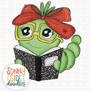 May include: A green worm wearing glasses and a red bow is reading a black and white notebook. The worm has large, round eyes and a big smile. The notebook has a white label with lines on it. The worm is holding the book with its front legs. The background is white with a repeating pattern of the words "Sonny Side doodles".