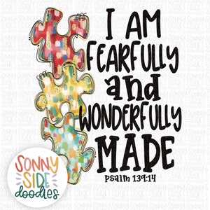 May include: A watercolor illustration of three puzzle pieces in red, yellow, and blue with gold glitter accents. The text "I AM FEARFULLY and WONDERFULLY MADE Psalm 139:14" is in black text.