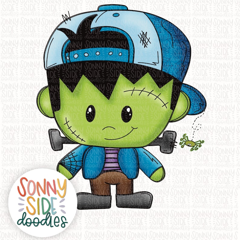 May include: A green Frankenstein monster cartoon character wearing a blue baseball cap, a blue and purple striped shirt, brown pants, and black shoes. The character is holding a spider web and a spider is crawling away from the character.
