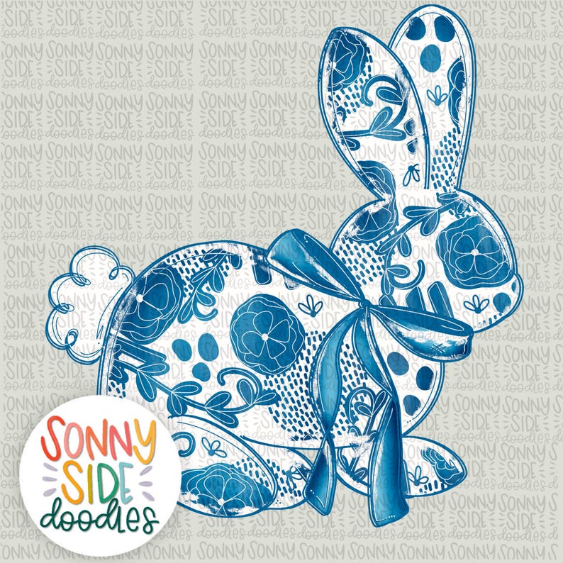 May include: A blue and white decorative bunny illustration with floral and dot patterns. The bunny has a large bow and is set against a light grey background with the text "SONNY SIDE doodles" in a colourful circle.