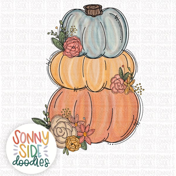 Painted Pumpkin with Florals Sublimation PNG Design | Hand Drawn | Watercolor Stacked Pumpkins | Digital Art | Whimsy | Handpainted
