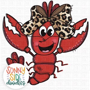 May include: A cartoon illustration of a red crawfish wearing a brown and black leopard print bow. The crawfish has large, round eyes and a wide smile. The illustration is in a cartoon style with a white background.