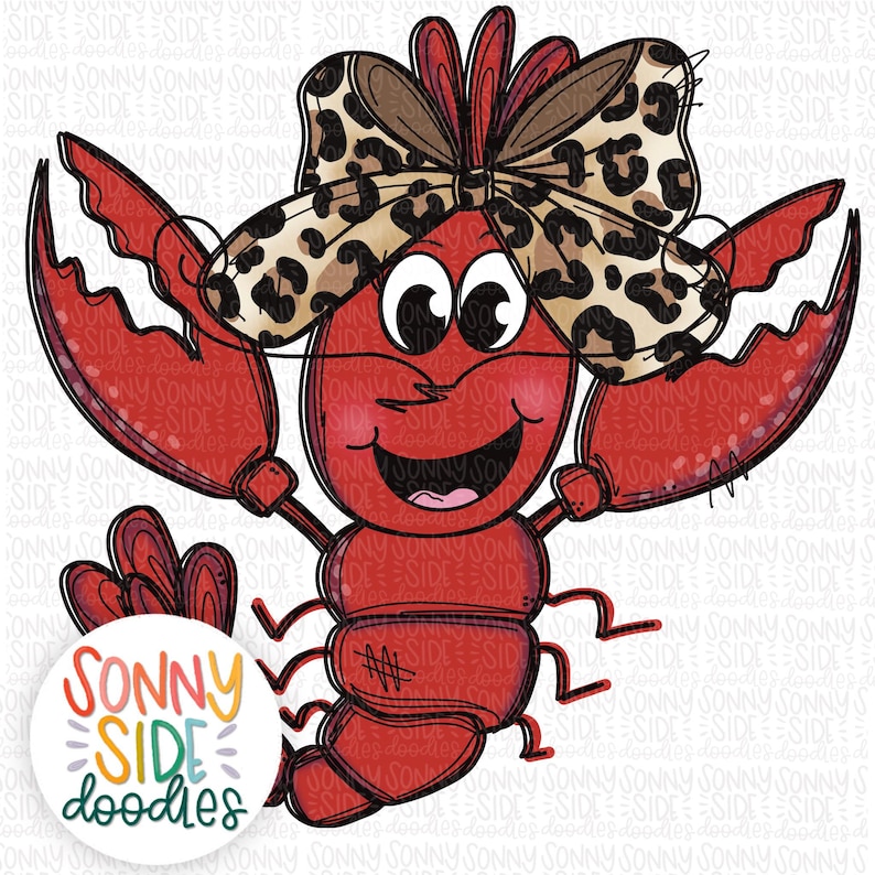 May include: A cartoon illustration of a red crawfish wearing a brown and black leopard print bow. The crawfish has large, round eyes and a wide smile. The illustration is in a cartoon style with a white background.