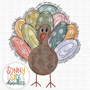May include: A watercolor illustration of a Thanksgiving turkey with a colorful, swirling tail. The turkey is brown with a red wattle and a white beak. The tail feathers are in shades of blue, green, orange, and pink.
