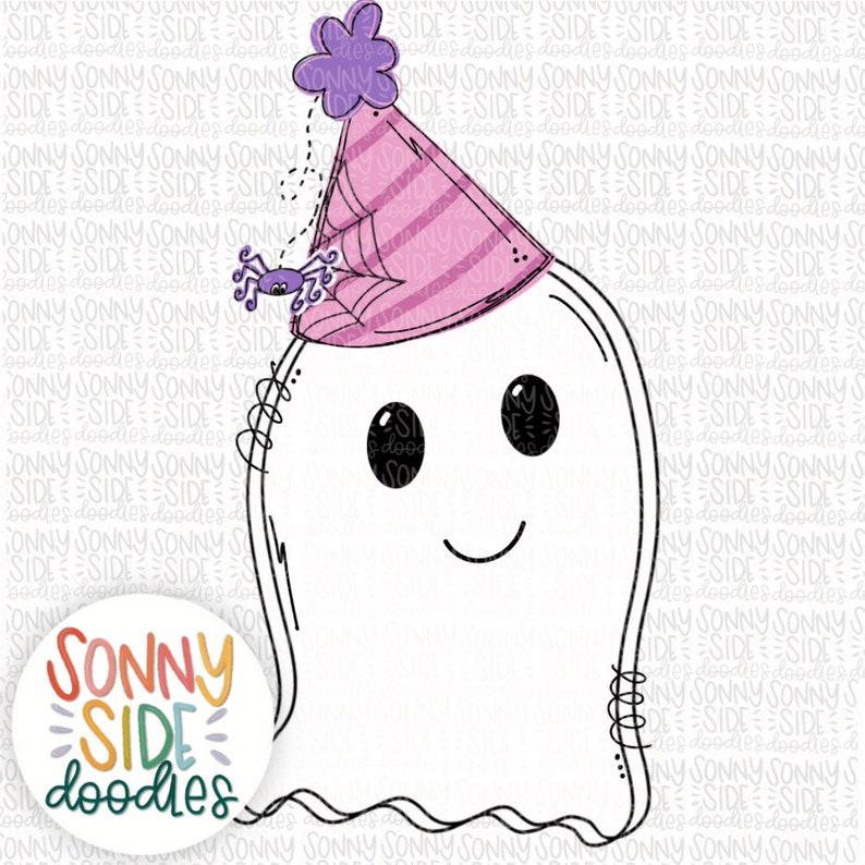 May include: A white ghost wearing a pink and purple party hat with a spider on top. The ghost has a happy face with black eyes and a small smile. The text "SONNY SIDE doodles" is in the lower left corner of the image.