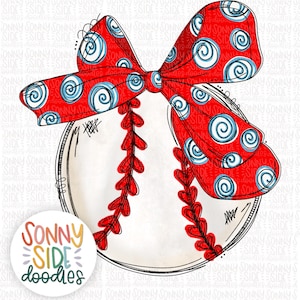 Puede incluir: Una pelota de béisbol blanca con costuras rojas y un lazo rojo y azul con un patrón de espiral blanco. El lazo está atado alrededor de la pelota de béisbol.