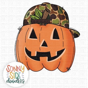 May include: An orange pumpkin illustration wearing a camouflage baseball cap. The pumpkin has a carved face with triangular eyes and a smiling mouth. The image includes the text "SONNY SIDE doodles" in a colorful, circular design.
