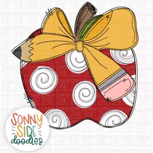 May include: A red apple with a white and gray swirl pattern, a yellow bow, and a pencil with a pink eraser. The apple is outlined in black. The text "SONNY SIDE doodles" is in a circle at the bottom of the image.