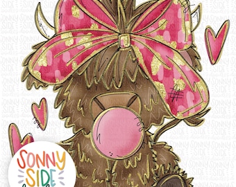 May include: A brown Highland cow with a pink and gold glitter bow, blowing a pink bubble. The cow is wearing a pink and gold glitter bow. The cow is surrounded by pink hearts.