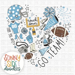 May include: A heart-shaped illustration with football-themed elements. Includes a helmet, jersey with the number 88, football, goal post, cheerleading pom-poms, and the words "GO TEAM!" and "TOUCH DOWN". The design is in shades of blue, white, and gold.