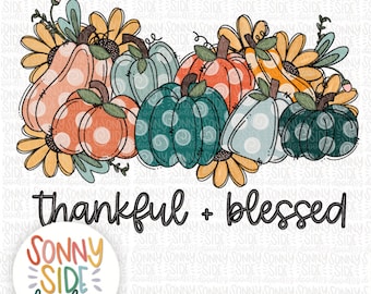 Thankful Blessed Fall Design PNG | Pumpkin with Florals Sublimation PNG Design | Hand Drawn | Watercolor Stacked Pumpkins  Digital Art