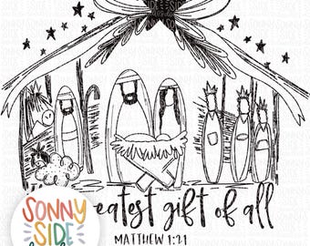 Greatest Gift of all PNG | Bow Nativity Coquette Christmas Sublimation PNG Design | Hand Drawn | Manger PNG| Bow Manger png  | Christmas Bow