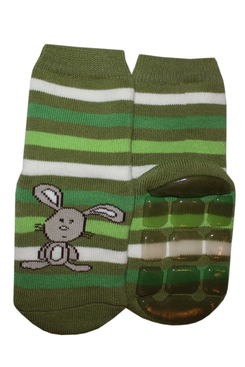 Non-slip terry socks with stripes and funny bunny in grasgreen WERI SPEZIALS