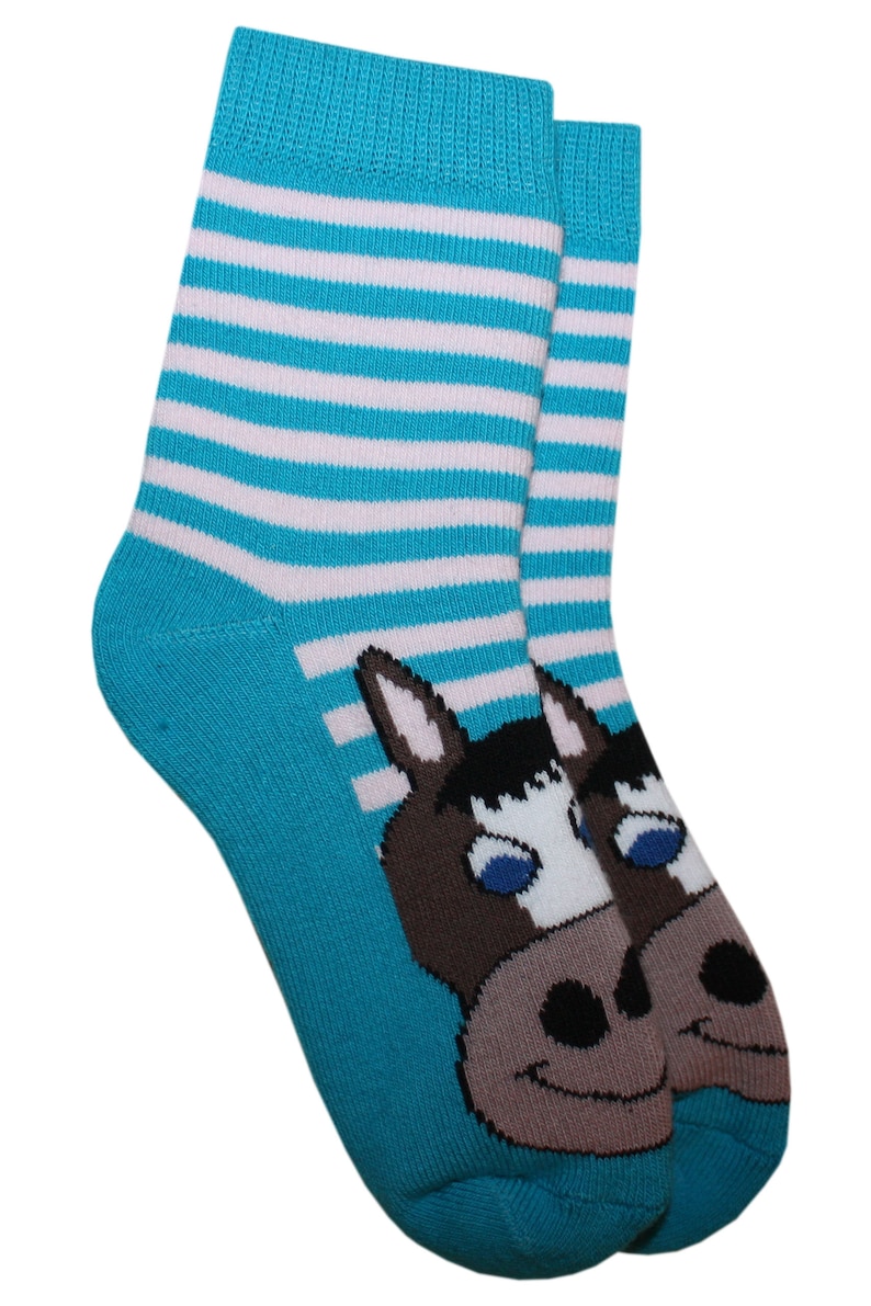 Terry babies and children Socks with a horse and stripes.Turquise.WERI SPEZIALS