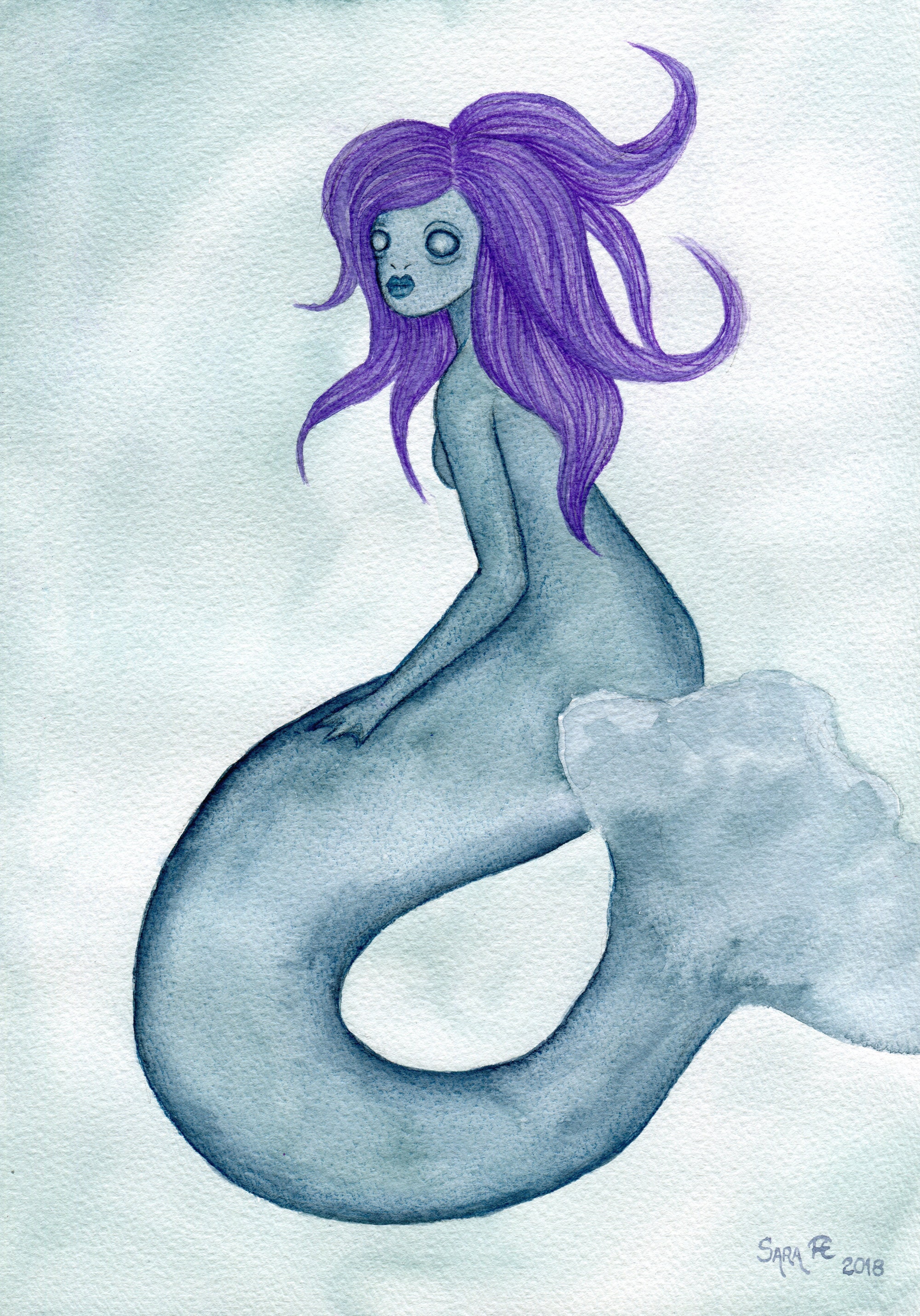 Original Watercolor Painting Mermaid With Purple Hair Etsy