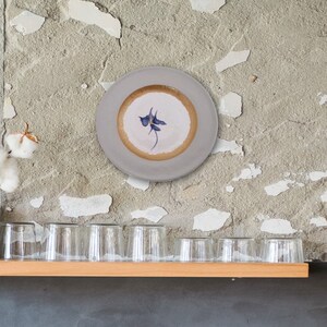 Handmade Pottery Decorative Plate Floral Iris Flower Design,Pebble and Gold band edge, wall plate, hanging plate