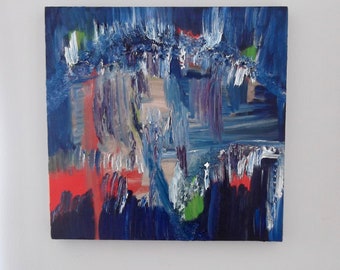 May include: Abstract painting with blue, red, white, and green brushstrokes. The painting has a textured surface and a dark blue background.