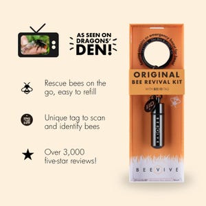 May include: Original Bee Revival Kit in orange packaging with a black keyring and a small black cylinder container labeled BEEVIVE. The kit includes a BEE ID tag and features text about rescuing bees, scanning for identification, and Dragons' Den.
