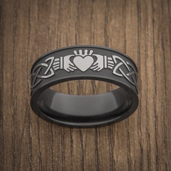 Two Tone Wedding Ring, Two Tone Black Wedding Band, Customizable Engraving, Claddagh Ring