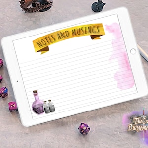 May include: A digital tablet with a white background and lined paper. The tablet has a gold banner with the text "NOTES AND MUSINGS" and a pink watercolor background. There are four purple potion bottles at the bottom of the screen.