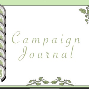 Könnte beinhalten: Ein grünes und weißes digitales Journal mit dem Text "Campaign Journal" in kursiver Schrift. Das Journal ist mit einer Reihe grüner und silberner Würfel und Blattranken in den Ecken verziert.