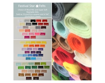 Wool Mix and Super Soft Washable Felt | 70+ Colours | Sizes 22cmsq "A4" (22x30cm) 45x45cm or 90x45cm | P&P only 100p regardless of quantity