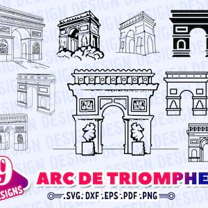 ARCE DE TRIUMPHE Svg, Paris svg, Arce de la silhouette triomphale, Arce de triomphe clipart, pochoir, vecteur, décalcomanie, fichier coupé, contour, monogramme