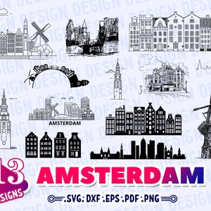AMSTERDAM SVG, amsterdam skyline svg, amsterdam silhouette, amsterdam clipart, amsterdam house svg, building svg, outline, stencil, iron-on