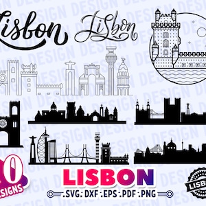 May include: Ten black and white vector illustrations of Lisbon, Portugal. The illustrations include the Jerónimos Monastery, the Belém Tower, the São Jorge Castle, and the Lisbon skyline.