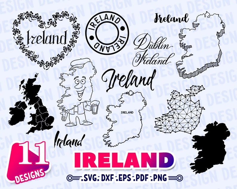 May include: A set of 11 digital design files featuring various illustrations of Ireland. The designs include a heart-shaped outline of Ireland with shamrocks, a cartoon character holding a pint of beer, a stylized map of Ireland, and a geometric design of Ireland. The text "IRELAND" is featured in a bold, colorful font.