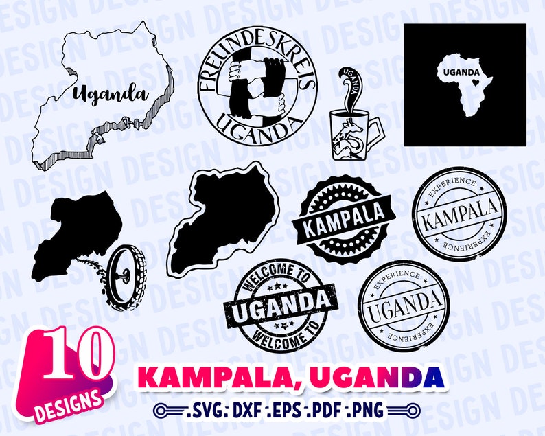 Op de afbeelding: Een set van 10 zwart-witte vectorontwerpen met de omtrek van Oeganda, de woorden "Kampala, Oeganda" en verschillende zinnen zoals "Welkom in Oeganda" en "Ervaar Kampala".