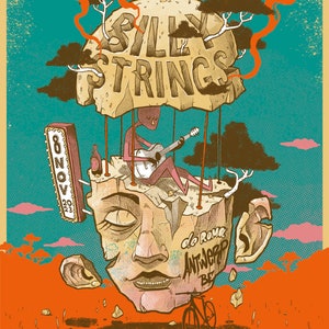 Puede incluir: Un cartel de concierto para Silly Strings, una banda que actúa en Amberes, Bélgica, el 8 de noviembre de 2023. El cartel presenta una ilustración de dibujos animados de una cabeza con una formación rocosa en la parte superior, con una persona tocando la guitarra en la roca. El cartel está en un estilo vintage con un esquema de color rojo, naranja y verde.