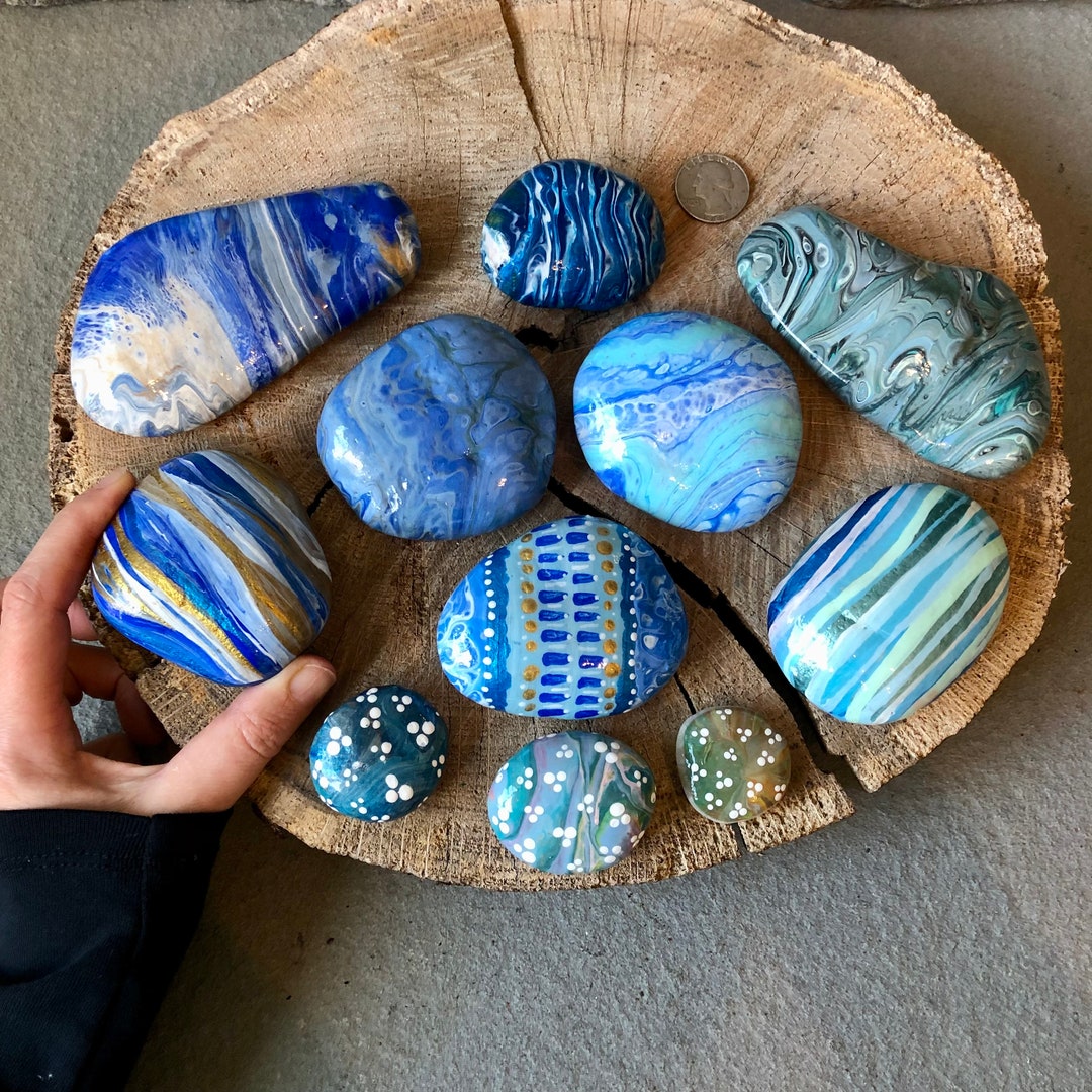 Paint Poured Rocks. Painted Rocks, Blue Decorative Rocks in Assorted ...