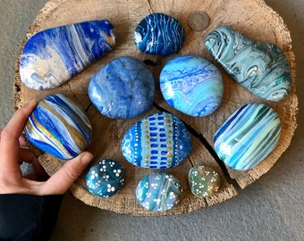 Paint Poured Rocks. Painted Rocks, Blue Decorative Rocks in Assorted Fluid Abstract Designs, Beach Inspired Art Sold Individually.