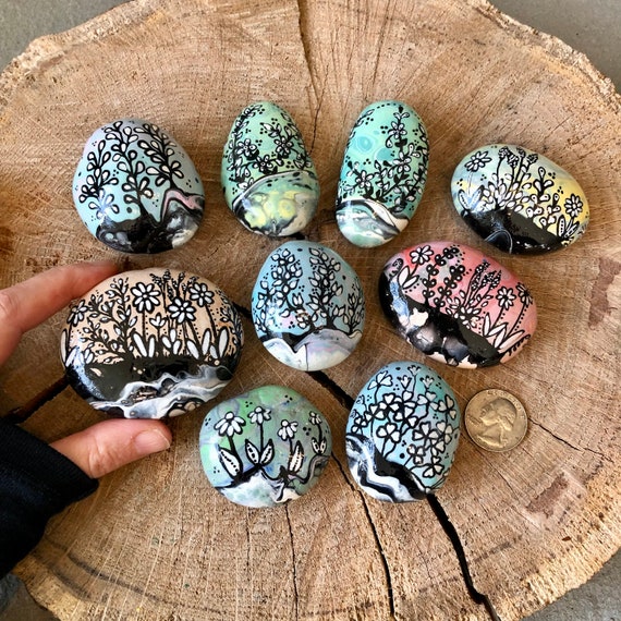 Hand Painted Rocks, Paint Pour With Flowers for Home Decor Handmade Gift  Original Painted Rock Art, Nature Lover Gift, Paper Weight Rock 