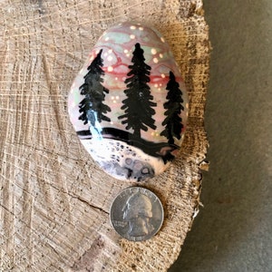 Woodland Painted Rocks. Pine Trees, Paint Pour Rocks. Woodland Home Decoration. Mountain Home Gift, Outdoors Lover Gift, Nature Lover Gift Rainbow sky